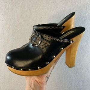 VTG 00s Steve Madden Women Y2K Wooden Platform‎ Clogs Sz 6 Black Leather Studded